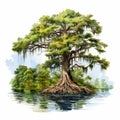 Detailed Watercolor Cypress Tree Illustration With Afro-caribbean Influence