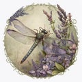 Detailed Watercolor Dragonfly Amongst the Flowers - Generative AI