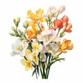 Detailed Watercolor Freesia Bouquet On White Background