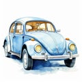 Detailed Watercolor Illustration Of A Blue Volkswagen Car