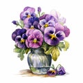 Detailed Watercolor Illustration Of Violet Pansies In A Vase Royalty Free Stock Photo