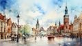 Detailed Watercolor Painting Of A City Street In Poland