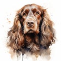 Detailed Watercolor Portrait Of Cocker Spaniel In Dark Gold And Crimson