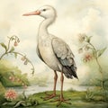 Detailed Watercolor Portrait Of A Young Female Stork In Beatrix Potter Style