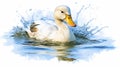 Detailed White Duck Clip Art With Brushwork Style On Blue Background
