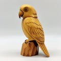Detailed Wood Sculpture Of A Parrot In Light Yellow And Amber
