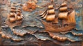 Detailed wooden carving of a sailing ship on ocean waves, with ornate sea creatures and clouds