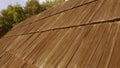 Detailed wooden roof of log house.