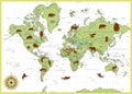 Detailed World Map with Animals Royalty Free Stock Photo
