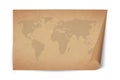 Detailed world map on brown old sheet of paper with curled corner. Historical parchment with land globe Royalty Free Stock Photo