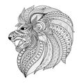 Detailed zentangle stylized lion for T shirt graphic, coloring book pages for adult, cards, tattoo and so on