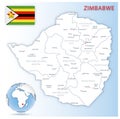 Detailed Zimbabwe administrative map with country flag and location on a blue globe