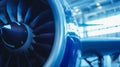 Details of an aircraft jet engine on display. Blue color Royalty Free Stock Photo