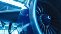 Details of an aircraft jet engine on display. Blue color Royalty Free Stock Photo