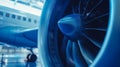 Details of an aircraft jet engine on display. Blue color Royalty Free Stock Photo