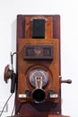 Details of the antique telephone set made of wood