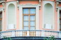 Details of beautiful old architecture, balcony and window. Historical buildings of St.