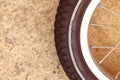 Details bike front wheel. Close-up view of kids bicycle wheel Royalty Free Stock Photo