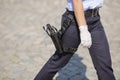 Details with a brand new Beretta PX4 gun in the holster of a Romanian female police officer during an event of the Police Force