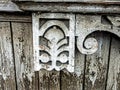 Details of the Carved wooden facade of the old house. House with carved wooden architraves, Russia, southern Urals Royalty Free Stock Photo