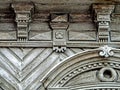 Details of the Carved wooden facade of the old house. House with carved wooden architraves, Russia, southern Urals Royalty Free Stock Photo