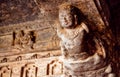 Details of ceiling design of 6th century Hindu temple in Badami, India. Artwork on stone surface in Indian structure