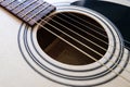 Details of classic acoustic guitar, strings and chords, guitar neck close up Royalty Free Stock Photo