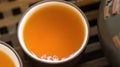 Details Close Up of Set of Chinese Japanese Tea Cups Pot Bowls on Bamboo Wooden Tray. Freshly Brewed Beverage. Preparing Ceremony