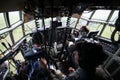 Details with the cockpit of a Lockheed C-130 Hercules military cargo airplane on the The Romanian Air Force 90th Airlift Base
