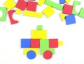 Details of a colorful children`s constructor, an educational game for preschoolers. Colorful toys , copy space ,