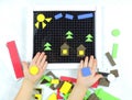 Details of a colorful children`s constructor, an educational game for preschoolers. Colorful toys , copy space