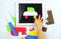 Details of a colorful children`s constructor, an educational game for preschoolers. Colorful toys , copy space