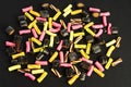 Details of colorful tasty sweet finish licorice candy on black background Royalty Free Stock Photo