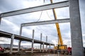 Close up details of construction site, industrial crane working in civil engineering Royalty Free Stock Photo