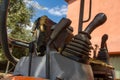 Details of crawler excavator such as the controls the cloches the bucket the hydraulic pumps the tracks