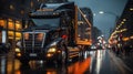 A Details of Dark Semi Truck on the Road on Blured Truck and Trailer on Blurry Background Royalty Free Stock Photo