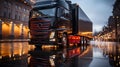 A Details of Dark Semi Truck on the Road on Blured Truck and Trailer on Blurry Background Royalty Free Stock Photo