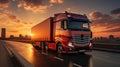 A Details of Dark Semi Truck on the Road on Blured Truck and Trailer on Blurry Background Royalty Free Stock Photo