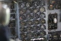 Details with the dials in the cockpit of a military cargo airplane