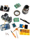 Details of disassembled DSLR and tools for repair isolated