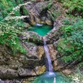 Details of Double Milk Bowl Waterfalls, Dvojna Latvica, near River Koritnica in Triglav National Park. Log pod Mangartom, Bovec,