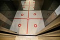 Details with an elevator floor segmented in four places to stand for social distancing during the covid-19 outbreak