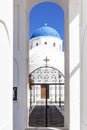 Details of the entrence to a church in Perissa, Santorini, Greece