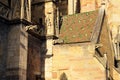 Details of the facade with gargoyles of the gothic St. Martin`s Church, Colmar, France