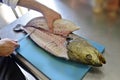 Details filleting fish on a cutting board Royalty Free Stock Photo