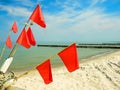 Details of a fishing boat: buoys with red flags at the beach of Ahrenshoop