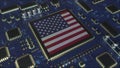 Details of flag of the USA on the operating chipset. American information technology or hardware development related