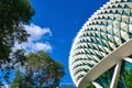 Details of futuristic roof of Esplanade arts center or Theaters on the Bay, Singapore on clear sunny day, trees in rich