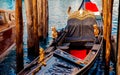 Details gondola boat closeup parked on water. Venice, Italy.