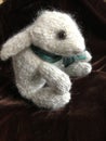 Hand Knit Wool Bunny Rabbit Toy Cream Colored with Glass Brown Eye and Teal Bow